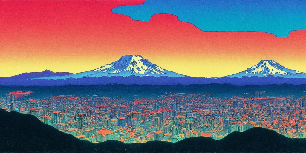 Image similar to skyline of a large metropolis, mount rainier looming in the background, acid and dreaming psychedelic hallucinations, by kawase hasui, moebius and edward hopper, hd, 8 k, artstation, sharp focus, smooth, masterpiece