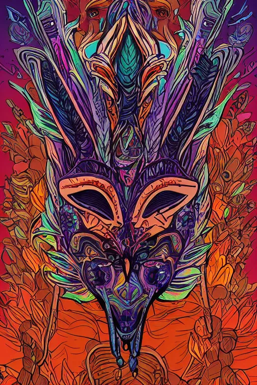 Image similar to animal mask totem roots flower tribal feather gemstone plant wood rock shaman vodoo video game vector cutout illustration vivid multicolor borderlands comics by josan gonzales and dan mumford radiating a glowing aura