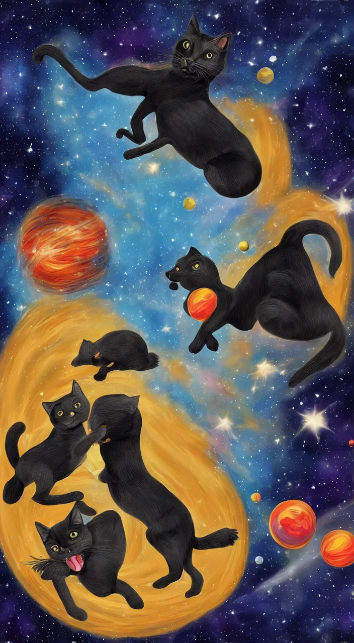 Image similar to black cat riding blond chiweenie through space, detailed, digital painting