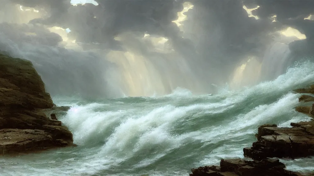 Image similar to first person view of breaking waves on the shore, summer, during a thunderstorm, raining, heavy rain, 🌧️, ⛈️,⚡, sea breeze rises in the air, by andreas rocha and john howe, and Martin Johnson Heade, featured on artstation, featured on behance, golden ratio, ultrawide angle, f32, well composed