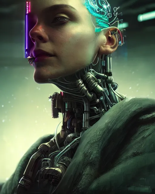 Image similar to portrait of a cyberpunk cyborg. sci - fi, intricate abstract upper body intricate, wlop, concept art, octane render, deviantart, greg rutkowski, cinematic, key art, hyperrealism,