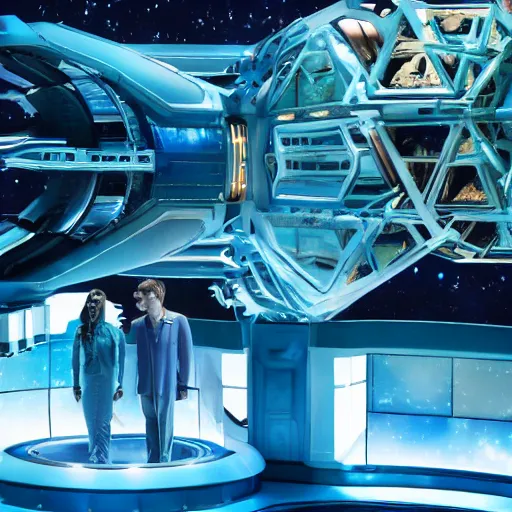 Image similar to a photo still of the Broadway production 'Future World 2050'. Spaceship scene.