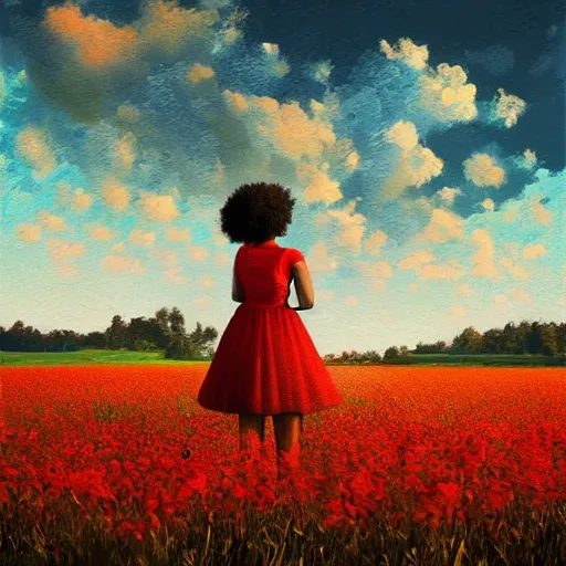 Prompt: large red flowers afro, full body, girl standing in the middle of a field with flowers, surreal photography, hills, sunrise dramatic light, impressionist painting, colorful clouds, digital painting, pointillism, artstation, simon stalenhag