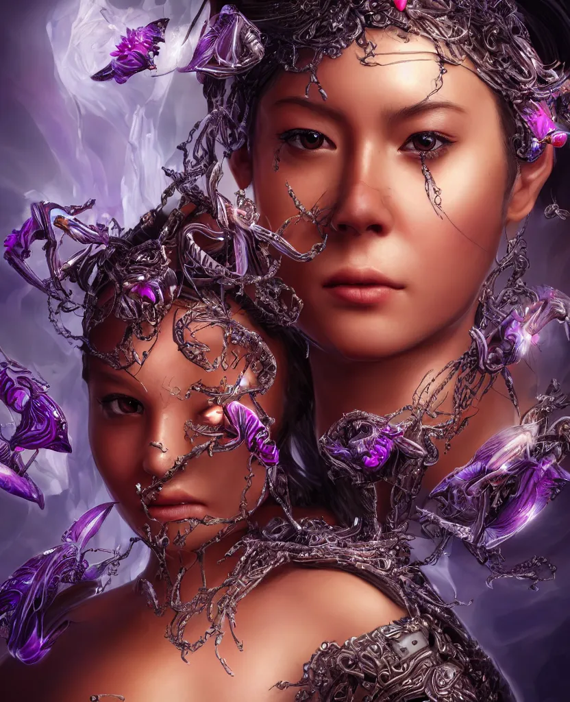 Prompt: epic ethnic smooth close-up macro portrait of the face of a beautiful princess, epic angle and pose, symmetrical artwork, 3d with depth of field, blurred background, cybernetic orchid flower butterfly jellyfish crystal, obsidian, female face skull phoenix bird, translucent, nautilus, energy flows of water and fire. a highly detailed epic cinematic concept art CG render. made in Maya, Blender and Photoshop, octane render, excellent composition, cinematic dystopian brutalist atmosphere, dynamic dramatic cinematic lighting, aesthetic, very inspirational, arthouse. y Greg Rutkowski, Ilya Kuvshinov, WLOP, Stanley Artgerm Lau, Ruan Jia and Fenghua Zhong