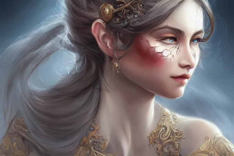 Image similar to a female face, fantasy, elegant, intricate, highly detailed, digital painting, artstation, concept art, sharp focus, illustration, art by Anita Hagan