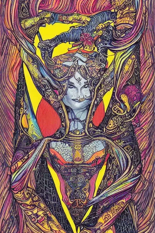 Image similar to marisa kirisame, intricate, amazing line work, colorful, tarot cards, the devil tarot card