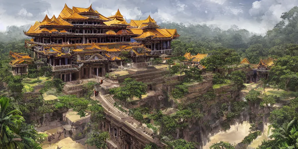 Image similar to Sprawling imposing grand royal Filipino palace with a grand staircase leading up the palace, 6 storeys, native Filipino architecture, located atop a rice field in a valley, beside a great chasm, digital painting, concept art by Shaddy Safadi