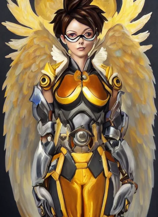 Image similar to full body oil painting of tracer overwatch in the style of jean deville, angel wings, angelic golden armor, dramatic painting, symmetrical composition, ornate, high detail, gold detailed collar!!!!!, blooming, lights, flowers, detailed face,