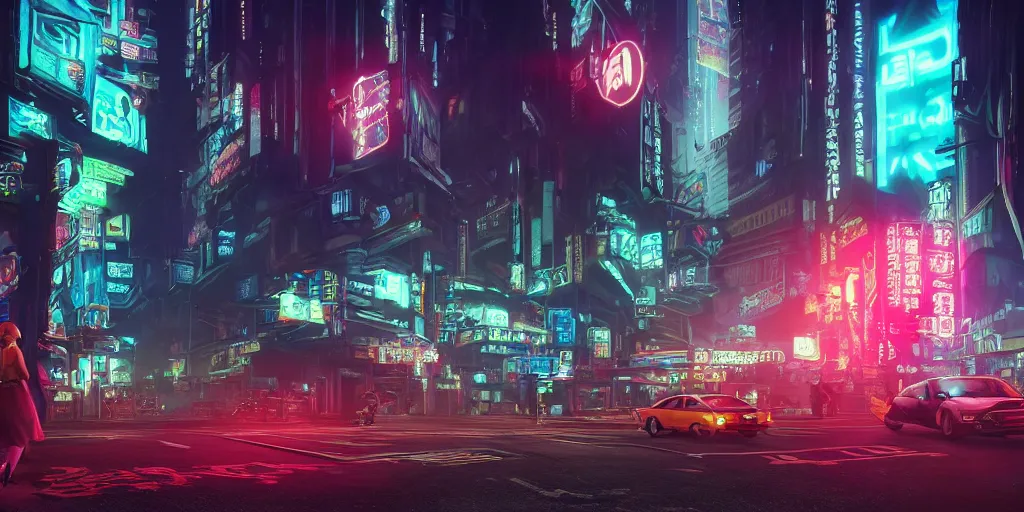 Image similar to a 3 d rendered in unreal engine hyrule land cyberpunk city with neon ads and signs with evocative dramatic mood with blade runner vibe with cars with motion blur with depth of field with bloom with lightshaft with volumetric lights, fog, by scott robertson, oscar winning graphics, photo realistic, bloom, imax, dynamic lighting, artstation,