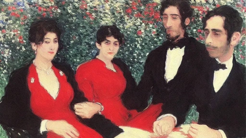 Image similar to “beautiful woman in red dress sitting with her handsome husband in a black suit, monet painting”