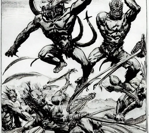 Image similar to four medeival adventurers flee, a group of mantis men, pen and ink, by frank Frazetta