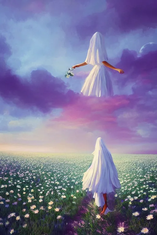 Image similar to giant white daisy flower on head, veiled girl walking in a flower field, surreal photography, sunrise, dramatic light, impressionist painting, colorful clouds, digital painting, artstation, simon stalenhag