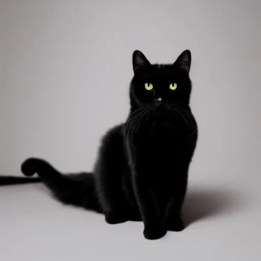 Prompt: studio photograph of a highly intelligent black cat sitting in a white room