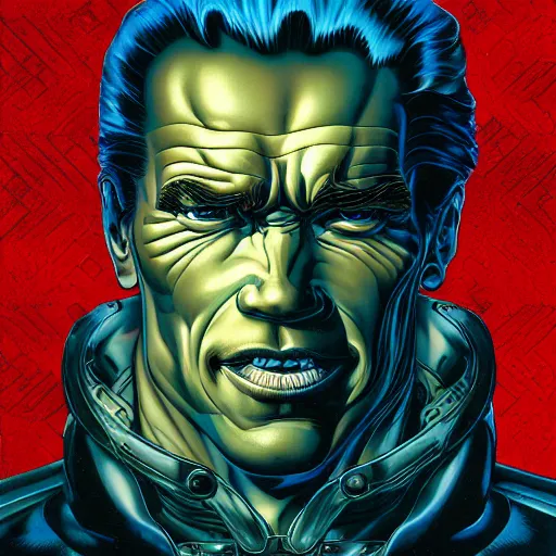 Image similar to portrait of arnold schwarzenegger, excited, symmetrical, by yoichi hatakenaka, masamune shirow, josan gonzales and dan mumford, ayami kojima, takato yamamoto, barclay shaw, karol bak, yukito kishiro