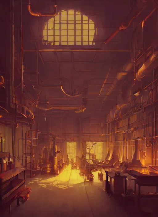 Image similar to beautiful interior of a steampunk factory, james gilleard, delphin enjolras, goro fujita, makoto shinkai, paul lehr, volumetric lighting, octane render, very coherent, trending on artstation