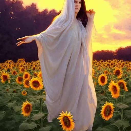 Prompt: Bedsheet Ghost in a field of sunflowers, sunset, Watercolor, photorealistic, high resolution, award winning, trending on artstation, olive skin, long dark hair, beautiful bone structure, intricate, elegant, highly detailed, digital painting, artstation, concept art, smooth, sharp focus, illustration, art by artgerm and greg rutkowski and alphonse mucha