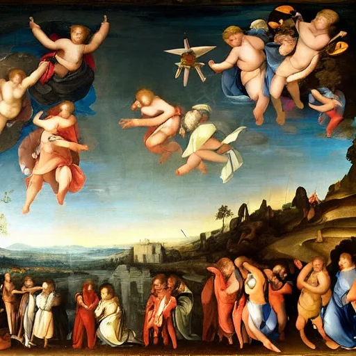 Image similar to a Renaissance painting with UFOs