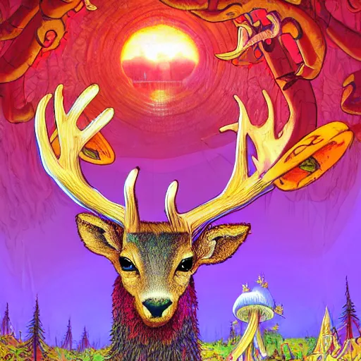 Image similar to 4 k headshot portrait of a psychedelic demonic anthropomorphic deer with mushroom themed clothes, magic mushroom village in background by jeff easley, award winning, stylized neon, post - processing, masterpiece, superb resolution. in the art style of junji ito and greg rutkowski. detailed mushroom city in background. hyper realistic anime. perfect art. dalle 2