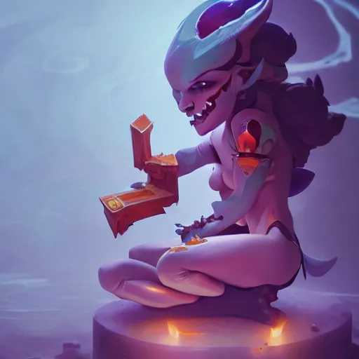 Image similar to a tiny cute demon floating while meditating and wrapped in sacred scrolls, smooth, intricate, elegant, digital painting, artstation, power runes, pulsing energy, concept art, sharp focus, octane render, illustration, art by josan gonzalez, overwatch character,