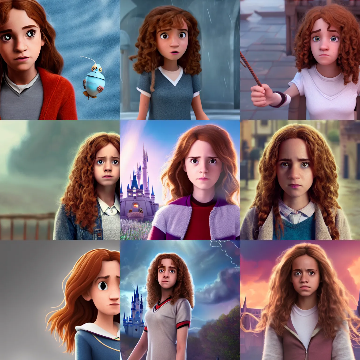 Prompt: Hermione Granger in disney pixar style, cinematic shot, 4K