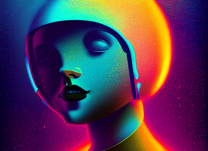 Image similar to portrait of a young astronaut girl, colorful, modern art deco, mads berg, karolis strautniekas, christopher balaskas, stippled light, fog, moody, fine texture, editorial illustration, dramatic lighting, dynamic composition, detailed, matte print, dynamic perspective, muted color