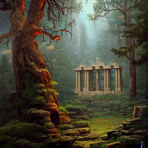 Prompt: phoenician temple in the woods of maine, artstation, matte oil painting, crisp, sharp, darrell k sweet, mysterious