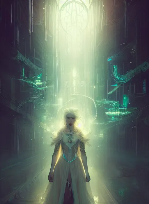 Image similar to a beautiful white haired princess, intricate concept art, ethereal, ominous, mysterious, enchanted, magic, dramatic lighting, illuminated lines, outrun, vaporware, illuminated runes, cyberpunk darksynth, dark background, 8 k, by ruan jia and krenz cushart and alphonse mucha