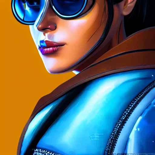 Image similar to closeup painting of a very beautiful young mexican cyberpunk woman with a smirk, wearing light blue shutter shades and a dark brown leather jacket, one side haircut, brown hair, portrait, hyperdetailed, artstation, cgsociety, 8 k, synthwave by tangerine dream