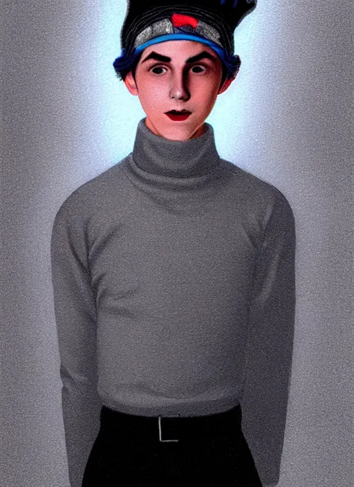 Image similar to portrait of teenage jughead jones wearing a light grey crown, crown, blue turtleneck, 1 9 5 0 s, closed eyes, photorealistic, black hair, glowing lighting, intricate, elegant, glowing lights, highly detailed, digital painting, artstation, concept art, smooth, sharp focus, illustration, art by wlop, mars ravelo and greg rutkowski