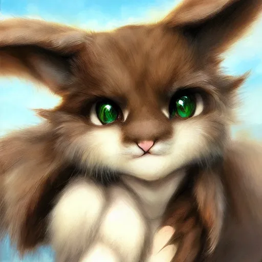 Image similar to cute anthropomorphic bunny, green eyes, light brown fur, anime, wlop, artgerm, royo