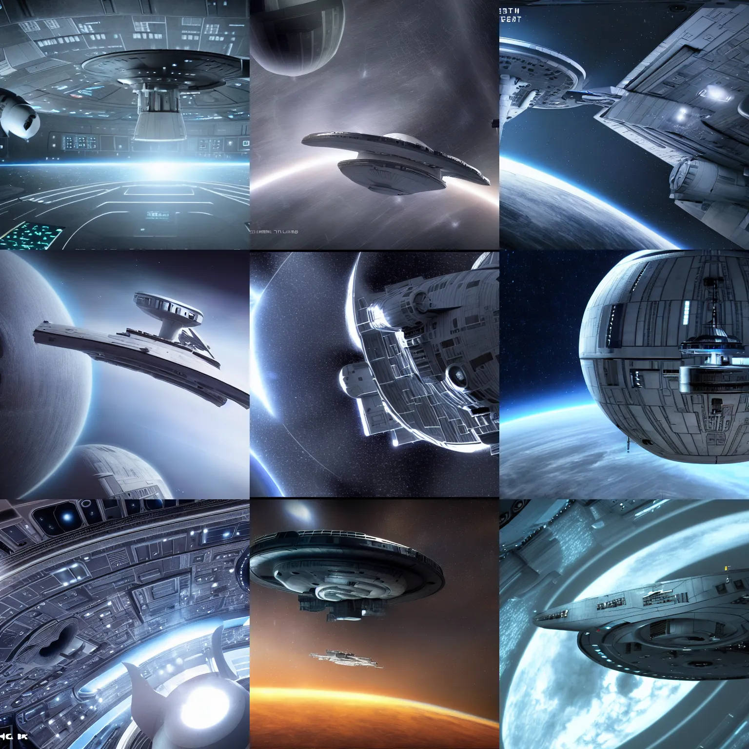 Prompt: the starship enterprise orbiting the death star, movie cgi, industrial light and magic, 4 k, vfx