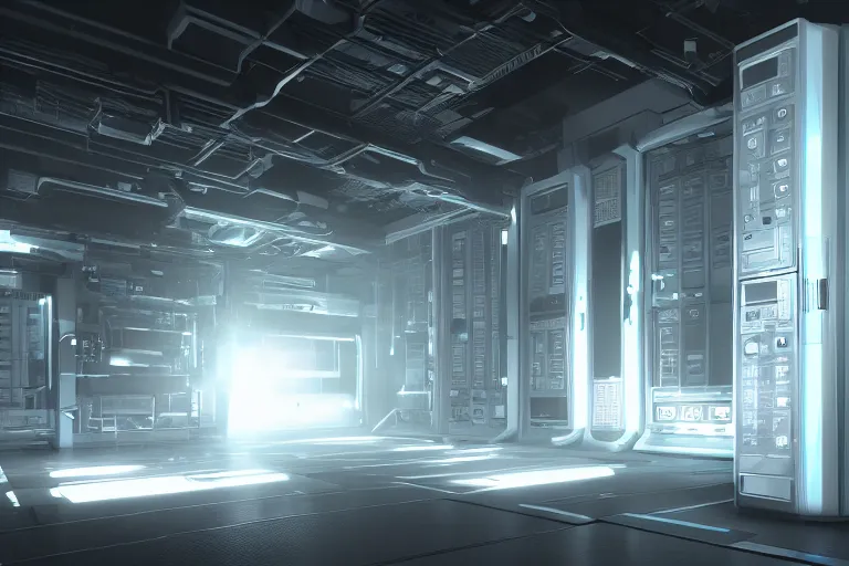 Image similar to parallax datacenter server room single mono colossus white rusty android roboman in artstation cinematic detailed concept art volumetric light sharp coherent cgsociety very very realistic