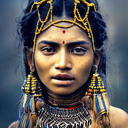 Prompt: portrait of a stunningly beautiful himalayan tribal female, depth of field, zeiss lens, detailed, symmetrical, centered, fashion photoshoot, by Annie Leibovitz and Steve McCurry, David Lazar, Jimmy Nelsson, Breathtaking, 8k resolution, extremely detailed, beautiful, establishing shot, artistic, hyperrealistic, beautiful face, octane render