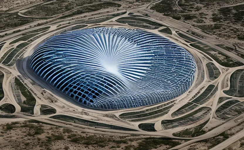 Prompt: parametric structure, medical complex, in the desert beside the gulf, view from above, design by bruce wayne, dezeen, architectural photography