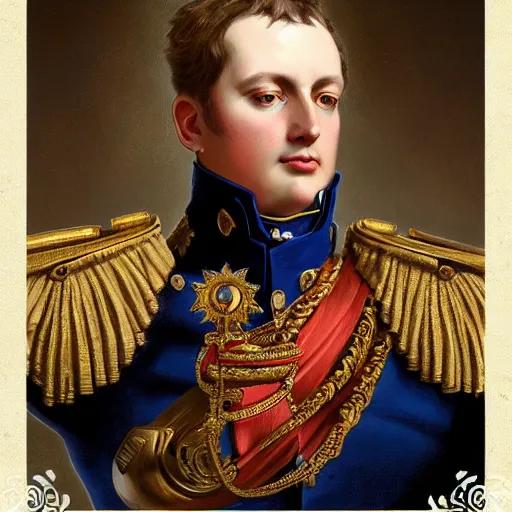 Image similar to portrait of divine emperor napoleon bonaparte, handsome, tall, dieselpunk steampunk napoleonic french baroque, metal shoulder pauldrons, intricate, highly detailed, digital painting, artstation, concept art, sharp focus, cinematic lighting, illustration, art by artgerm and greg rutkowski, alphonse mucha, cgsociety