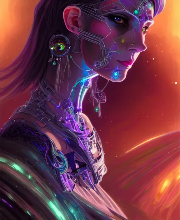 Image similar to a whirlwind of souls rushing inside the metaverse, half body, glowin eyes, tiara, pharaoh, android, cyborg, cyberpunk face, by loish, d & d, fantasy, intricate, elegant, highly detailed, colorful, vivid color, digital painting, artstation, concept art, art by artgerm and greg rutkowski and alphonse mucha