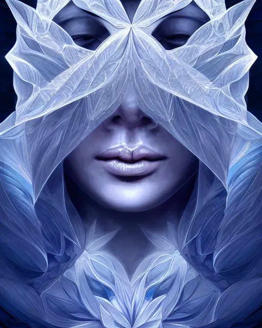 Image similar to concept art, crystal flower portrait, soft grey and blue natural light, intricate, highly detailed dark art, digital painting, artstation, concept art, smooth, sharp focus, illustration, symmetry!