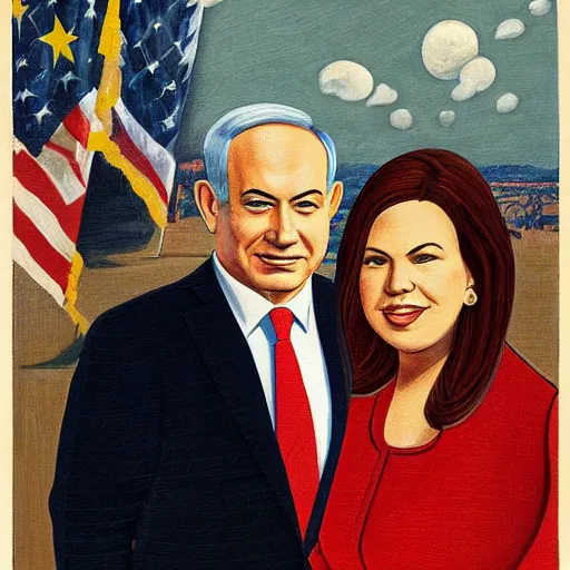 Image similar to A portrait of Benjamin Netanyahu and Sara Netanyahu by Grant Wood