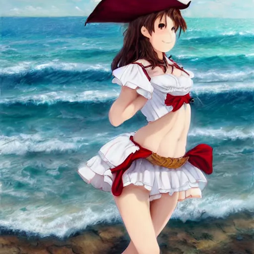 Image similar to dancing brunette milk maid woman wearing a pirate hat shore seascape in the style of Krenz Cushart