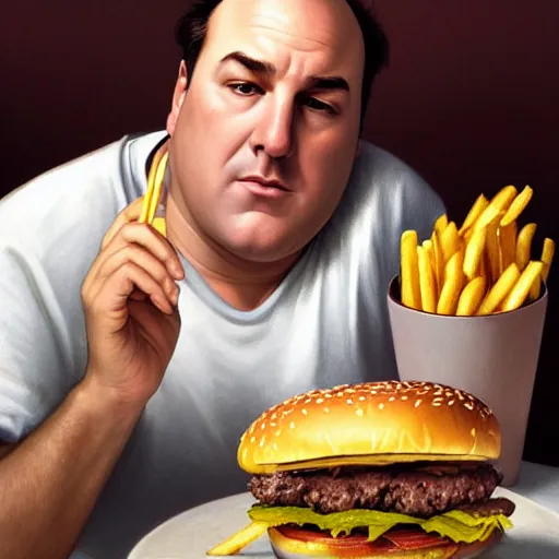 Image similar to portrait of James Gandolfini eating hamburgers, french fry background, extra onions and ketchup, luscious patty with sesame seeds, feminine ethereal, handsome, D&D, fantasy, intricate, elegant, highly detailed, digital painting, artstation, concept art, matte, sharp focus, illustration, art by Artgerm and Greg Rutkowski and Alphonse Mucha