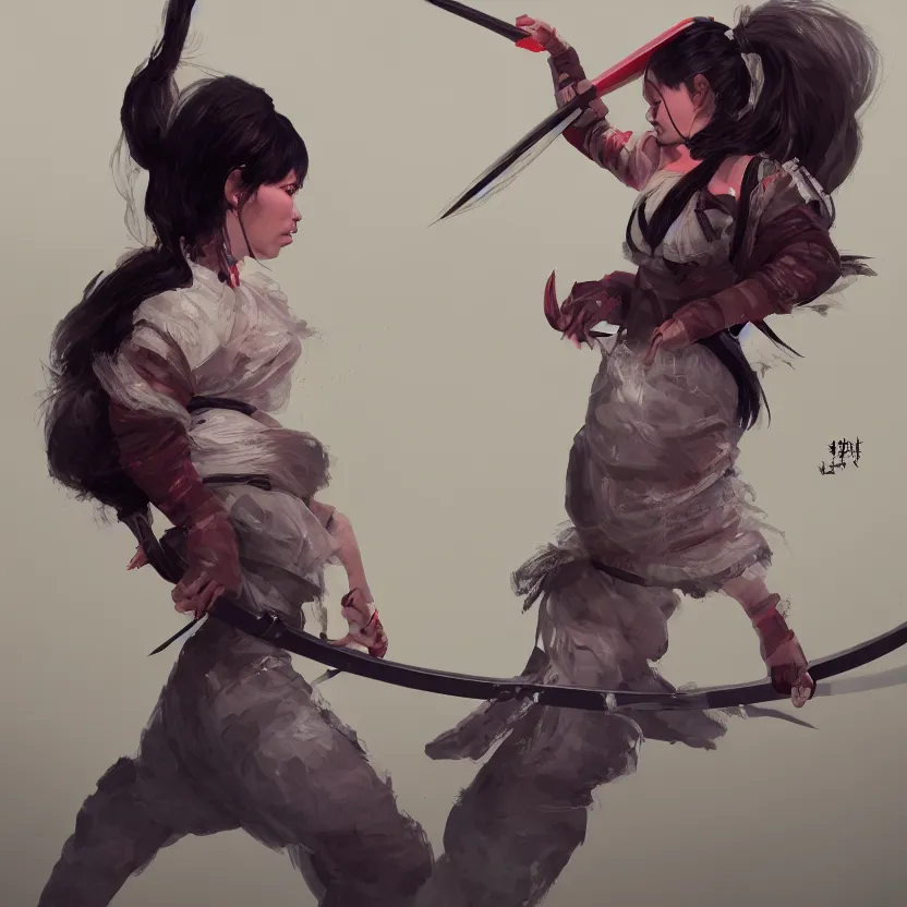 Prompt: bjork holding a katana, ponytail, highly detailed, digital painting, artstation, concept art, smooth, sharp focus, kunoichi, illustration