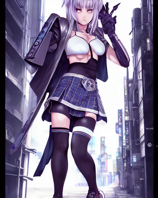 Image similar to The successful warrior is the average man, with laser-like focus, artwork by artgerm, anime style art, art by Masamune Shirow, cyberpunk streets in Japan, elegant, seductive, long white hair, knee high socks, extra short blue plaid skirt, white blouse, army boots, high fantasy, CGsociety, full length, exquisite detail, post-processing, low angle, masterpiece, mystical, magical