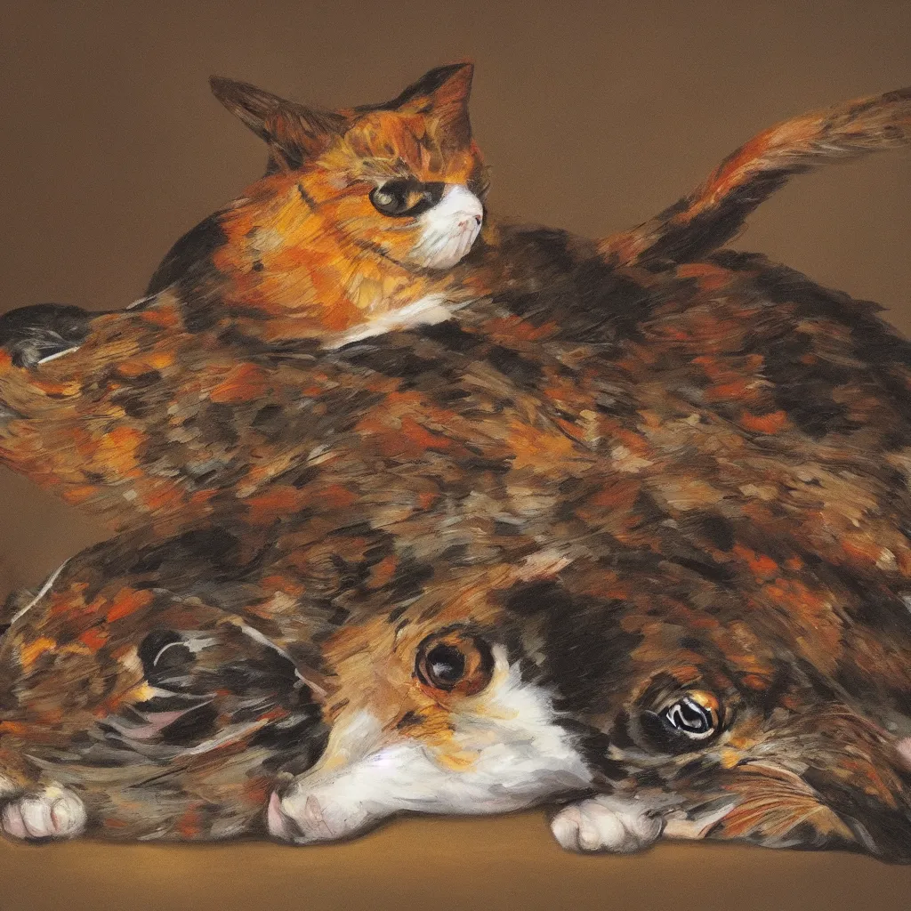 Prompt: cat and pheasant mix, art gallery, art museum, 4k, 8k