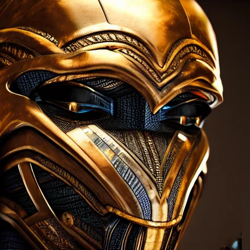 Image similar to wakandan warrior in steampunk armor, closeup portrait shot, highly detailed, photorealistic portrait, bright studio setting, studio lighting, crisp quality and light reflections, unreal engine 5 quality render