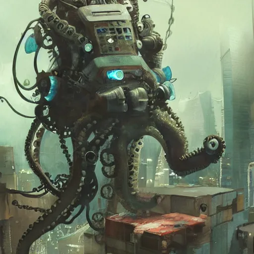 Image similar to Octopus using a computer, cyberpunk, realistic, detailed, Industrial Scifi, paint, watercolor, in the style of Ashley Wood and Wadim Kashin