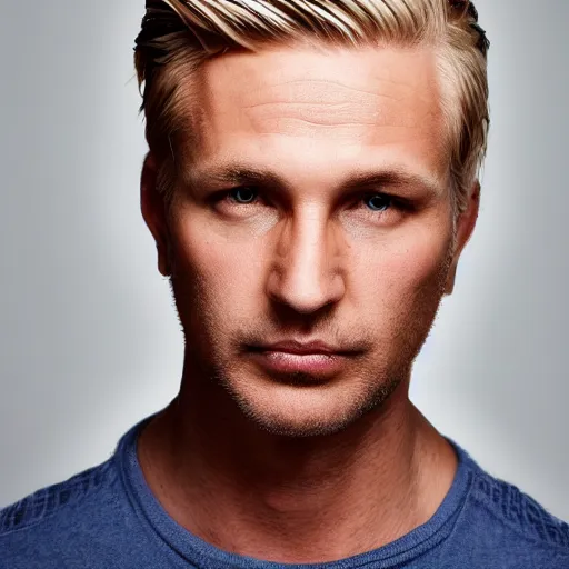 Image similar to close up of face of good looking 4 0 year old slavic blond man with blond stubble, very short wavy blond hair in a short pompadour style, very dark blue eyes, portrait, 4 k