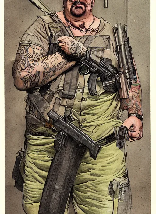 Image similar to gk chesterton as a buff mercenary with tattoos and a shotgun. portrait by james gurney and mœbius.