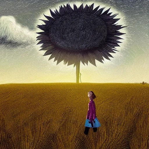 Image similar to giant sunflower face, girl walking in wheat field, hills, surreal photography, dark night, star trails, dramatic light, impressionist painting, clouds, digital painting, artstation, simon stalenhag