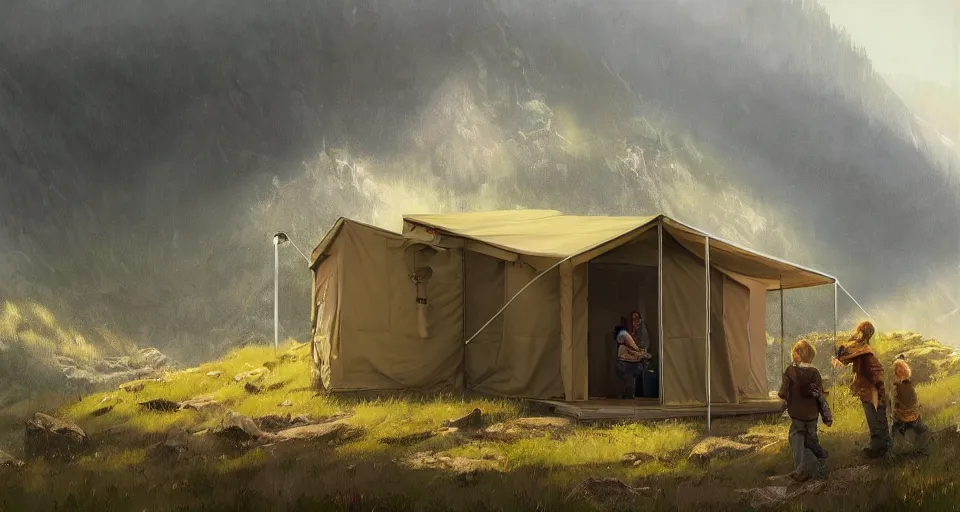 Image similar to cabela's beautiful comfortable modular insulated container home wall kit - house all weather family dwelling tent house, person in foreground, mountainous forested wilderness open fields, beautiful views, painterly concept art, environmental concept art, concept art illustration, by james gurney, by craig mullins, by greg rutkowski trending on artstation