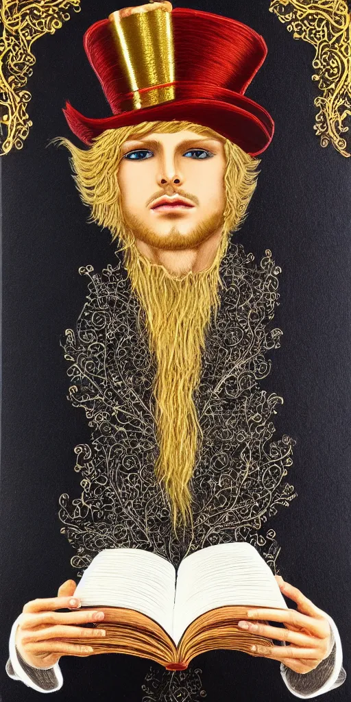 Image similar to beautiful detailed acrylic painting mystical mentalist man, has blond hair and a top hat. Wearing embroidered noble clothes. Heterochroma eyes. A small book with gold filigree in hand. Renaissance. Fantasy.